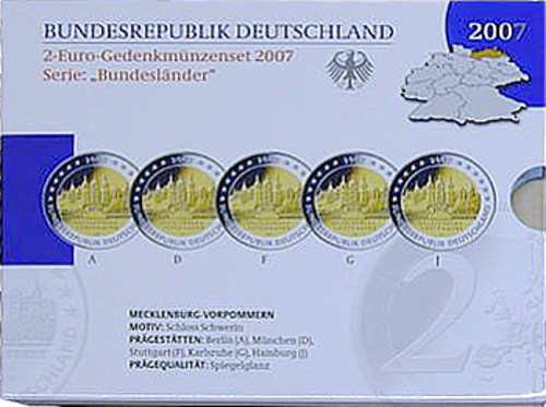 2 Euro Deutschland 2007 2 Euro Set Mecklenburg-Vorpommern SP A,D,F,G,J