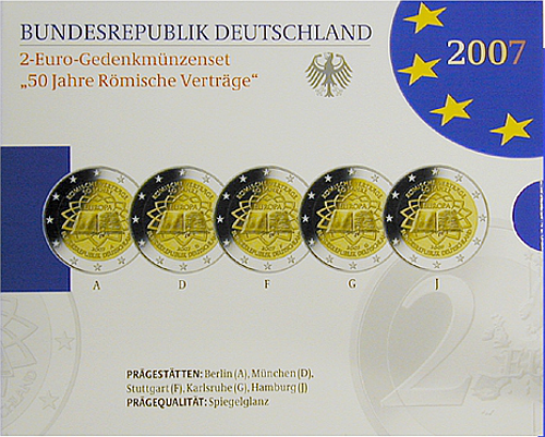 2 Euro Deutschland 2007 2 Euro Set 50 Jahre Römische Verträge SP A,D,F,G,J
