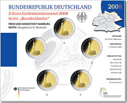 2 Euro Deutschland 2008 2 Euro Set Hamburg ST A,D,F,G,J