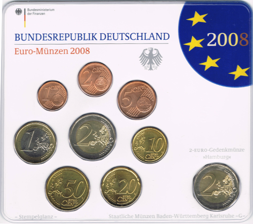 2 Euro Deutschland 2008 KMS Deutschland 2008 ST A,D,F,G,J