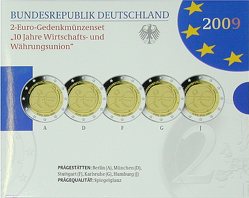 2 Euro Deutschland 2009 2 Euro Set 10 Jahre Wirtschafts- und Währungsunion A,D,F,G,J