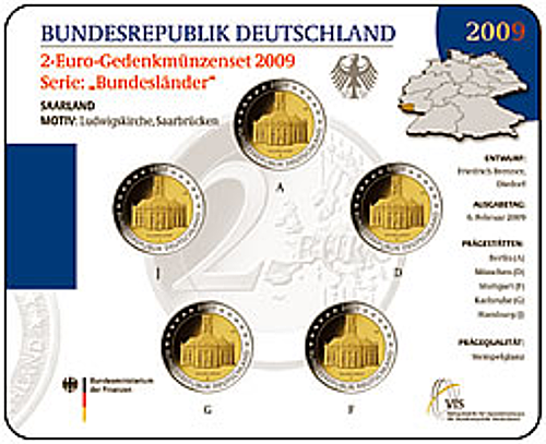 2 Euro Deutschland 2009 2 Euro Set Saarland ST A,D,F,G,J