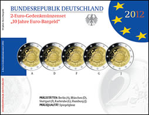 2 Euro Deutschland 2012 2 Euro Set 10 Jahre Euro-Bargeld SP A,D,F,G,J