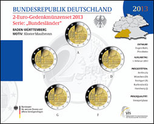 2 Euro Deutschland 2013 2 Euro Set Baden-Württemberg: Kloster Maulbronn ST A,D,F,G,J