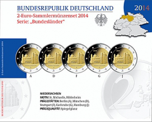 2 Euro Deutschland 2014 2 Euro Set Niedersachsen: Kirche St.Michael Hildesheim SP A,D,F,G,J