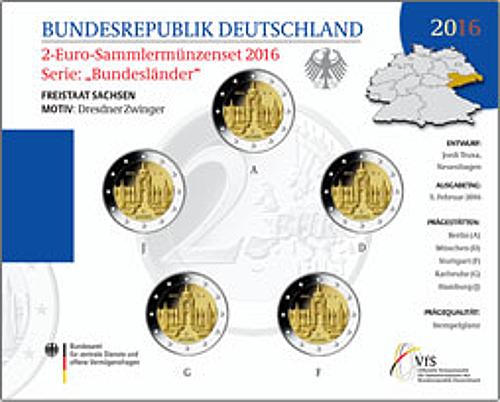 2 Euro Deutschland 2016 2 Euro Set Sachsen: Dresdner Zwinger ST A,D,F,G,J