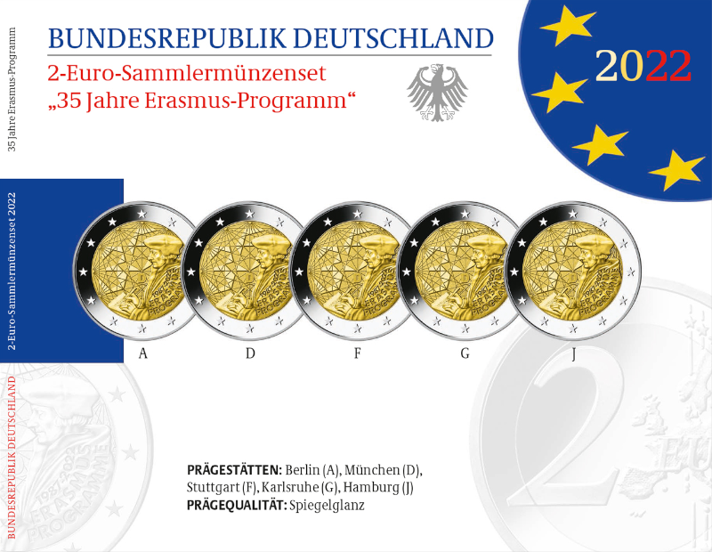 2 Euro Deutschland 2022 2 Euro Set 35 Jahre Erasmus-Programme SP A,D,F,G,J