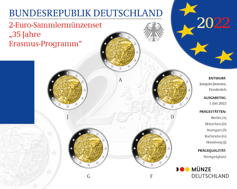2 Euro Deutschland 2022 2 Euro Set 35 Jahre Erasmus-Programme ST A,D,F,G,J