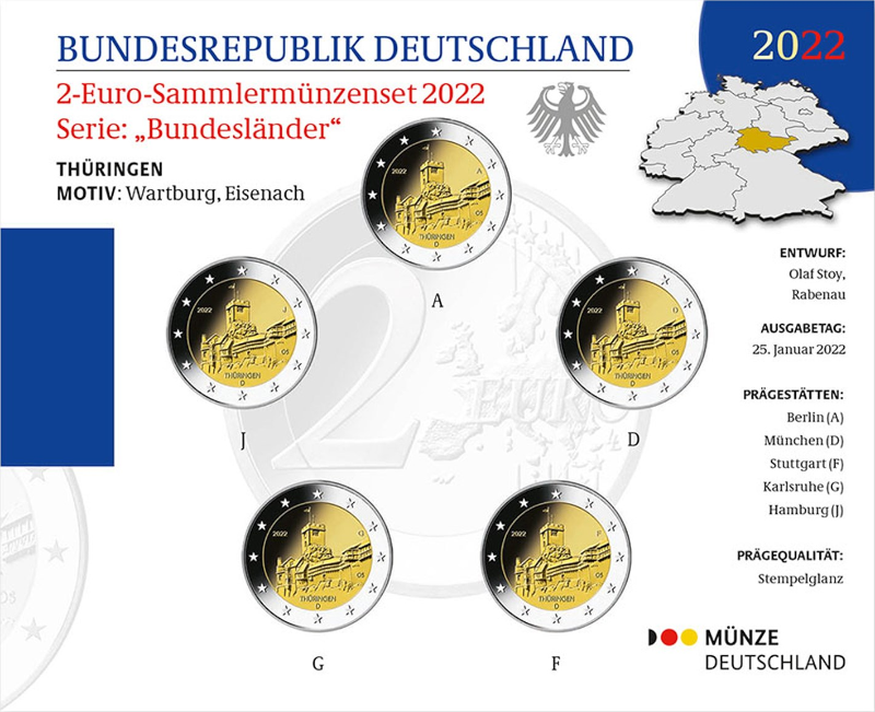 2 Euro Deutschland 2022 2 Euro Set Thüringen: Wartburg ST A,D,F,G,J