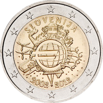 2 Euro Slowenien 2012 10 Jahre Euro-Bargeld